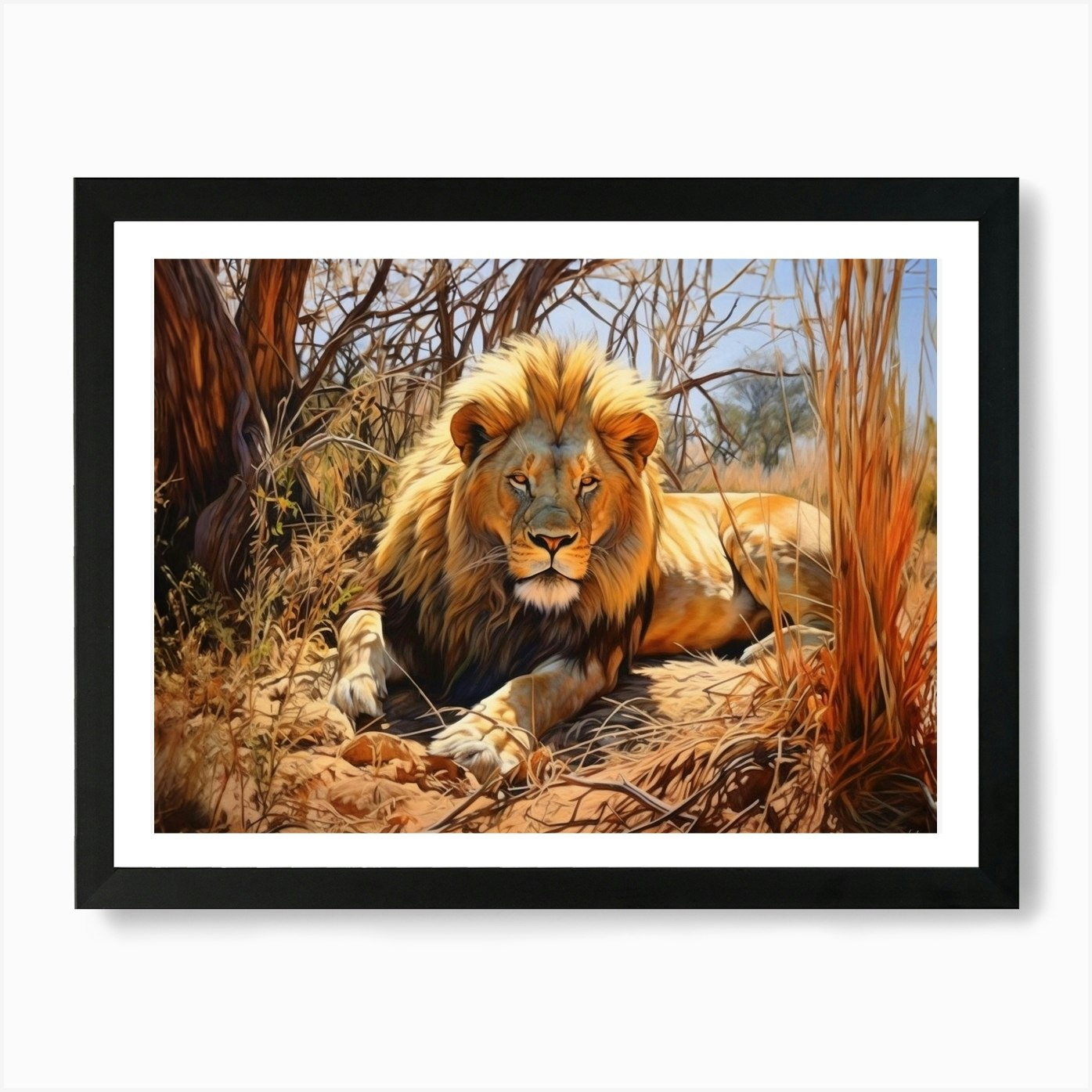 African Lion Resting Realism Painti Framed Wall Art Poster Canvas Print Picture