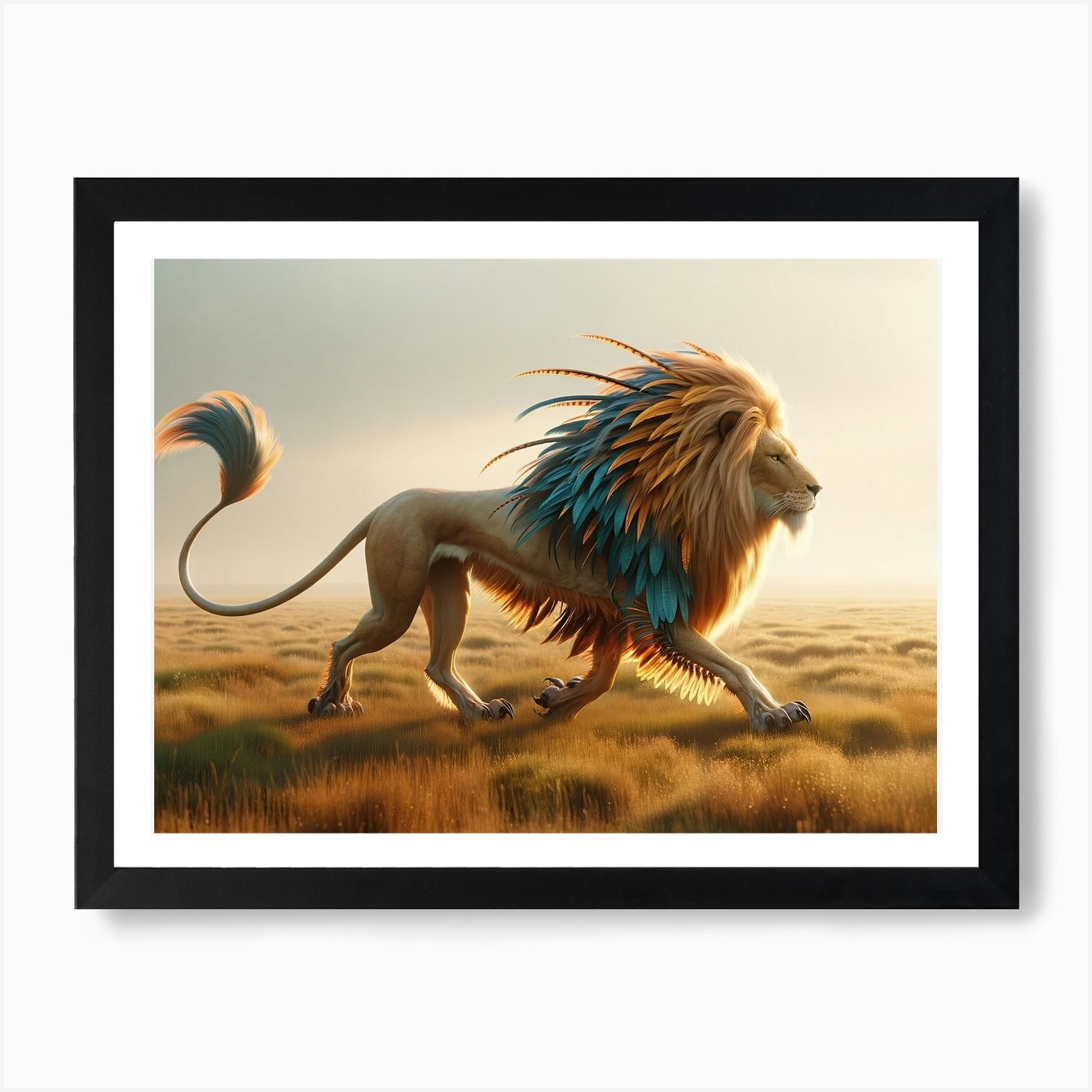 Running Lion-Bird Fantasy Art Print Framed Wall Art Poster Canvas Print Picture