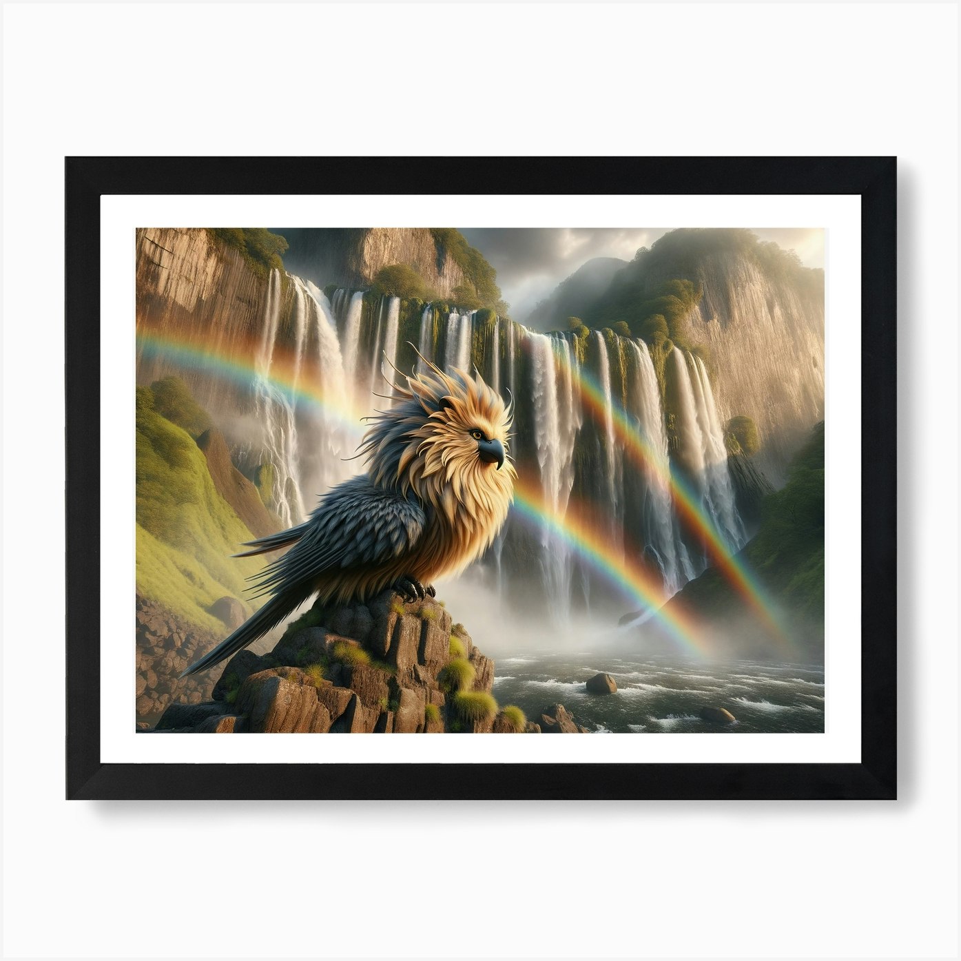 Lion-Bird at Waterfall Fantasy Art  Framed Wall Art Poster Canvas Print Picture