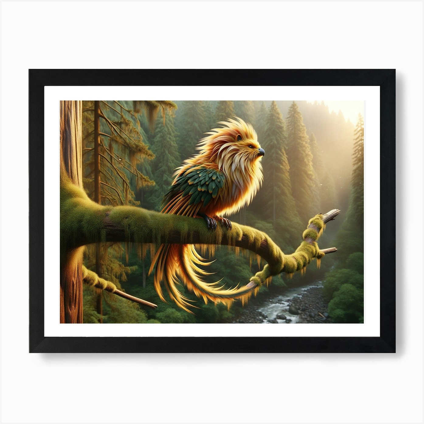 Lion-Bird on Branch Fantasy Art Pri Framed Wall Art Poster Canvas Print Picture