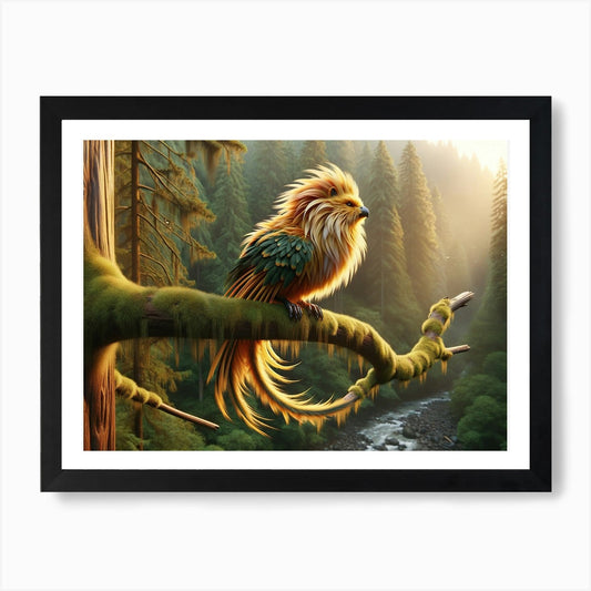 Lion-Bird on Branch Fantasy Art Pri Framed Wall Art Poster Canvas Print Picture