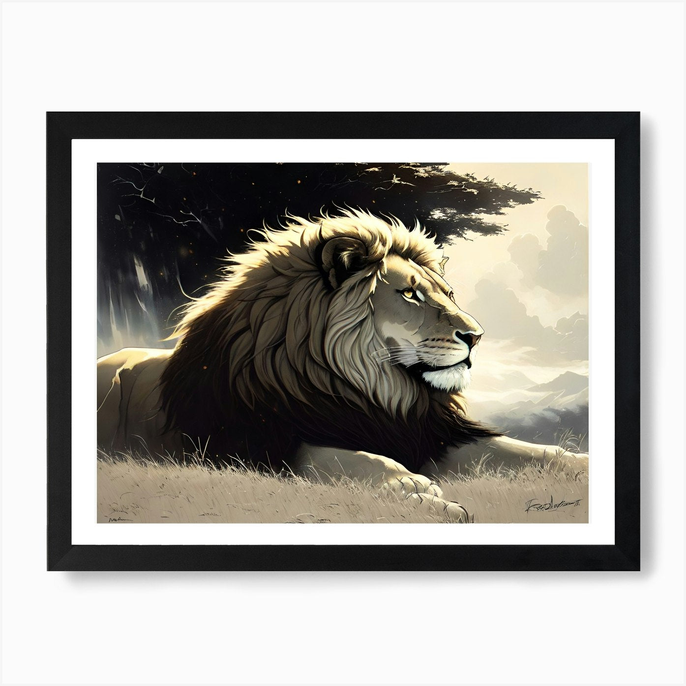 Lion In The Grass Art Print Framed Wall Art Poster Canvas Print Picture