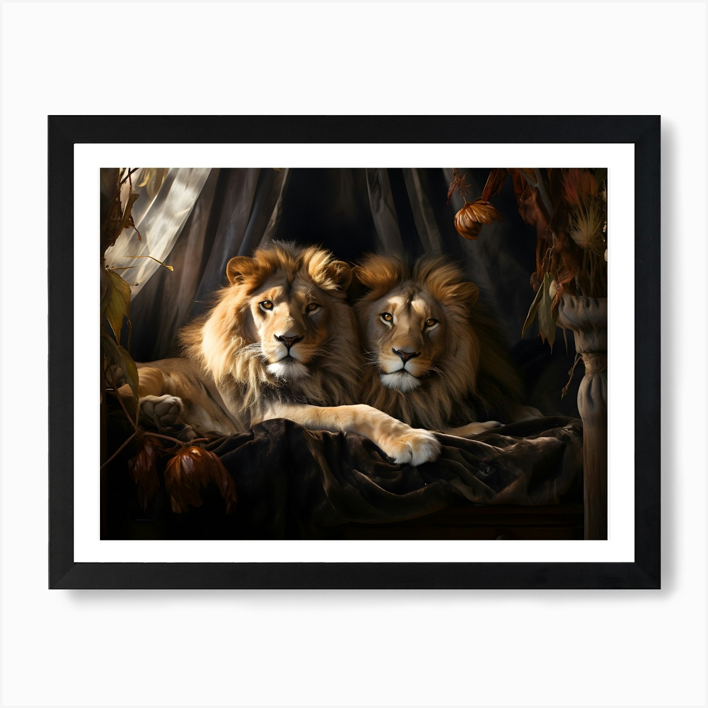 Portrait of 2 Male Lions Art Print Framed Wall Art Poster Canvas Print Picture