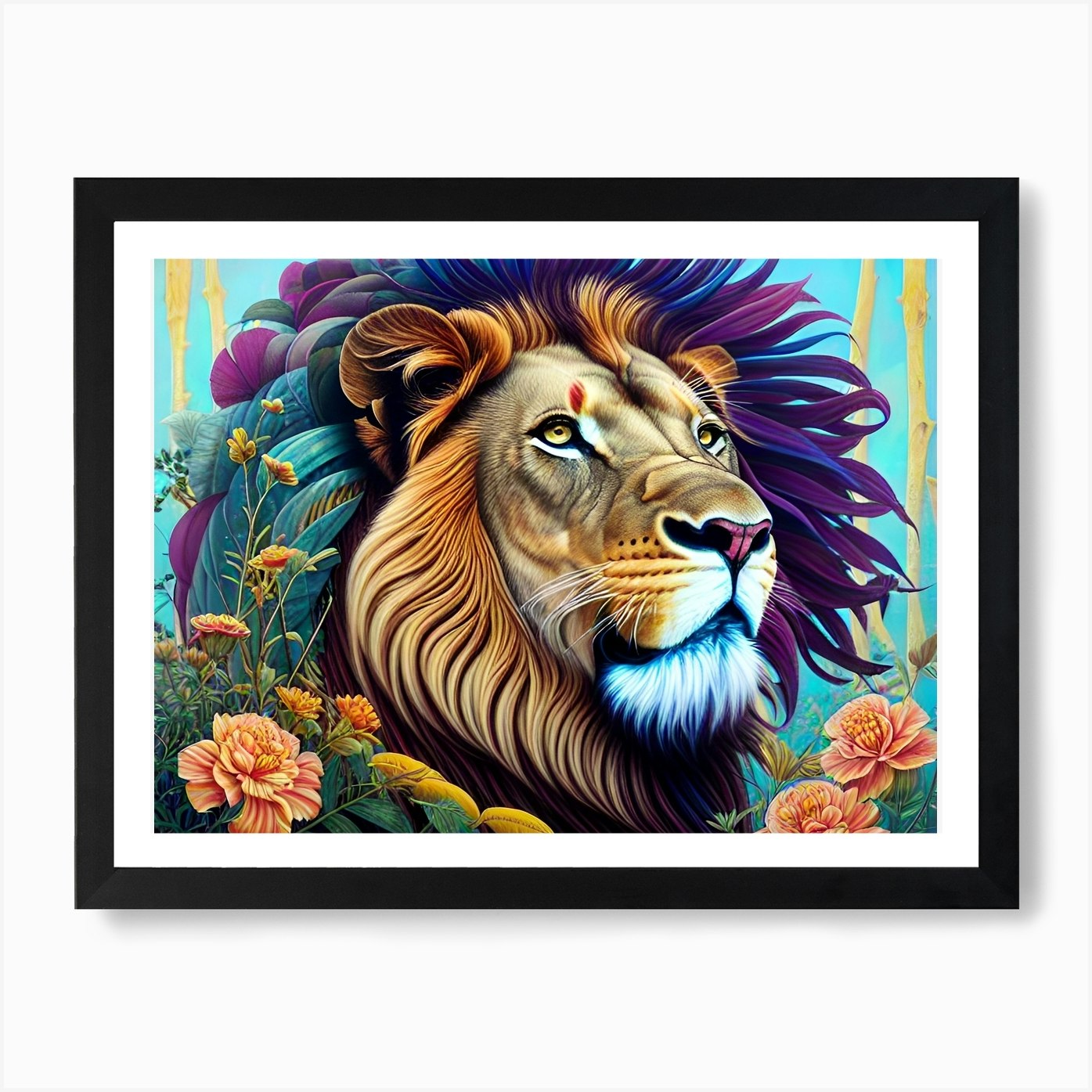 Lion With Flowers Art Print Framed Wall Art Poster Canvas Print Picture