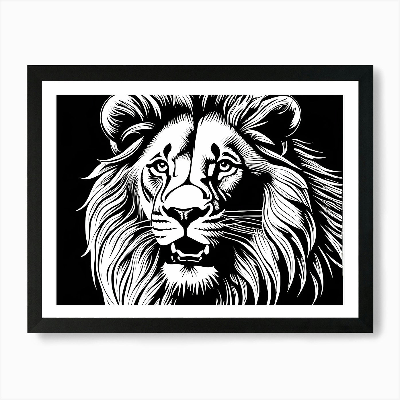 Lion Linocut Sketch Black And White Framed Wall Art Poster Canvas Print Picture