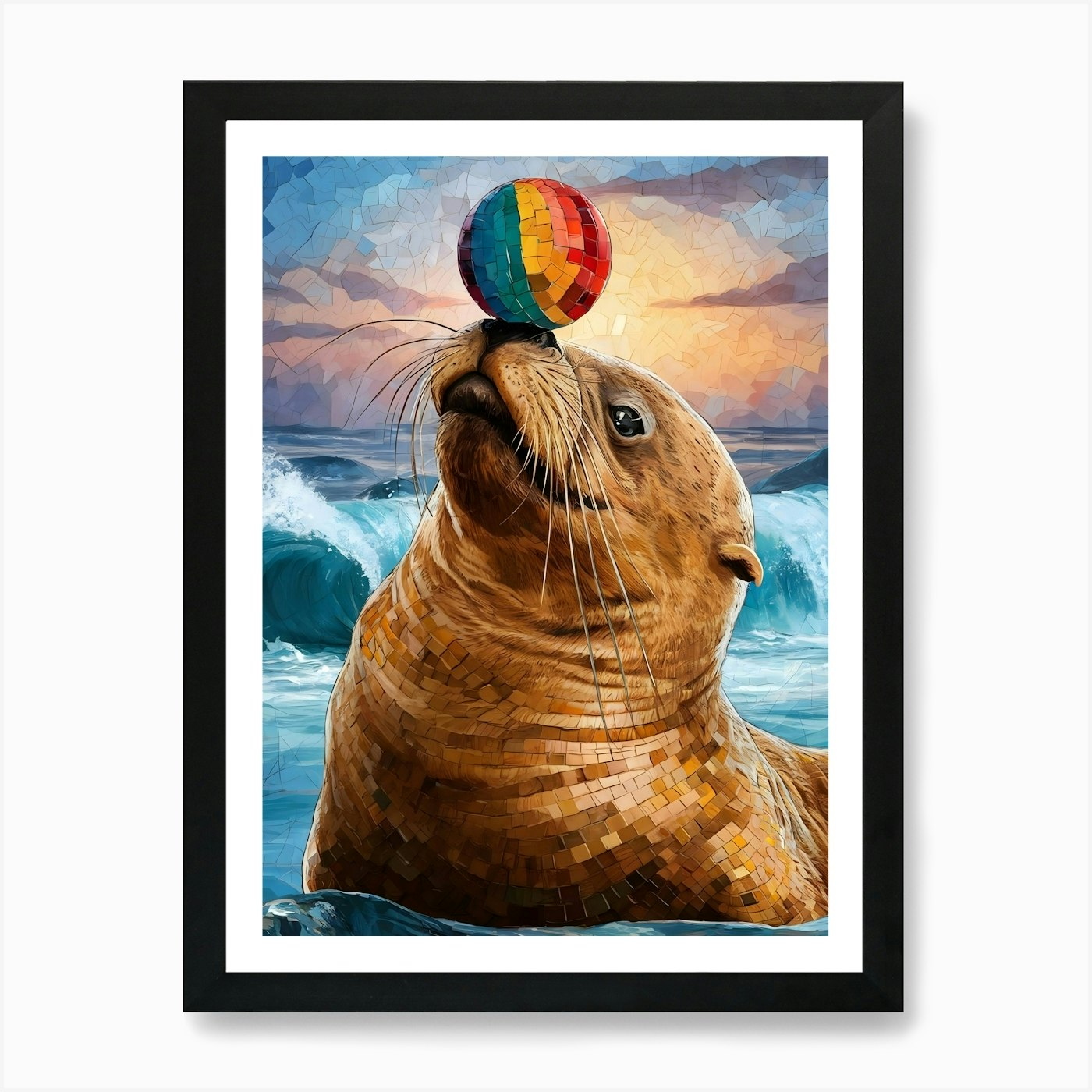 Sea Lion With A Ball Art Print Framed Wall Art Poster Canvas Print Picture