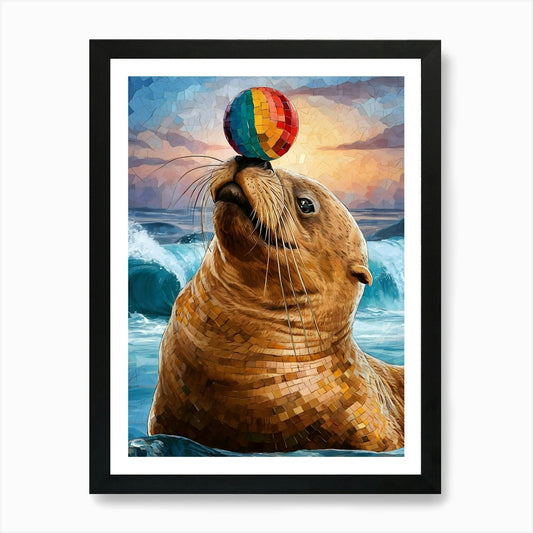 Sea Lion With A Ball Art Print Framed Wall Art Poster Canvas Print Picture
