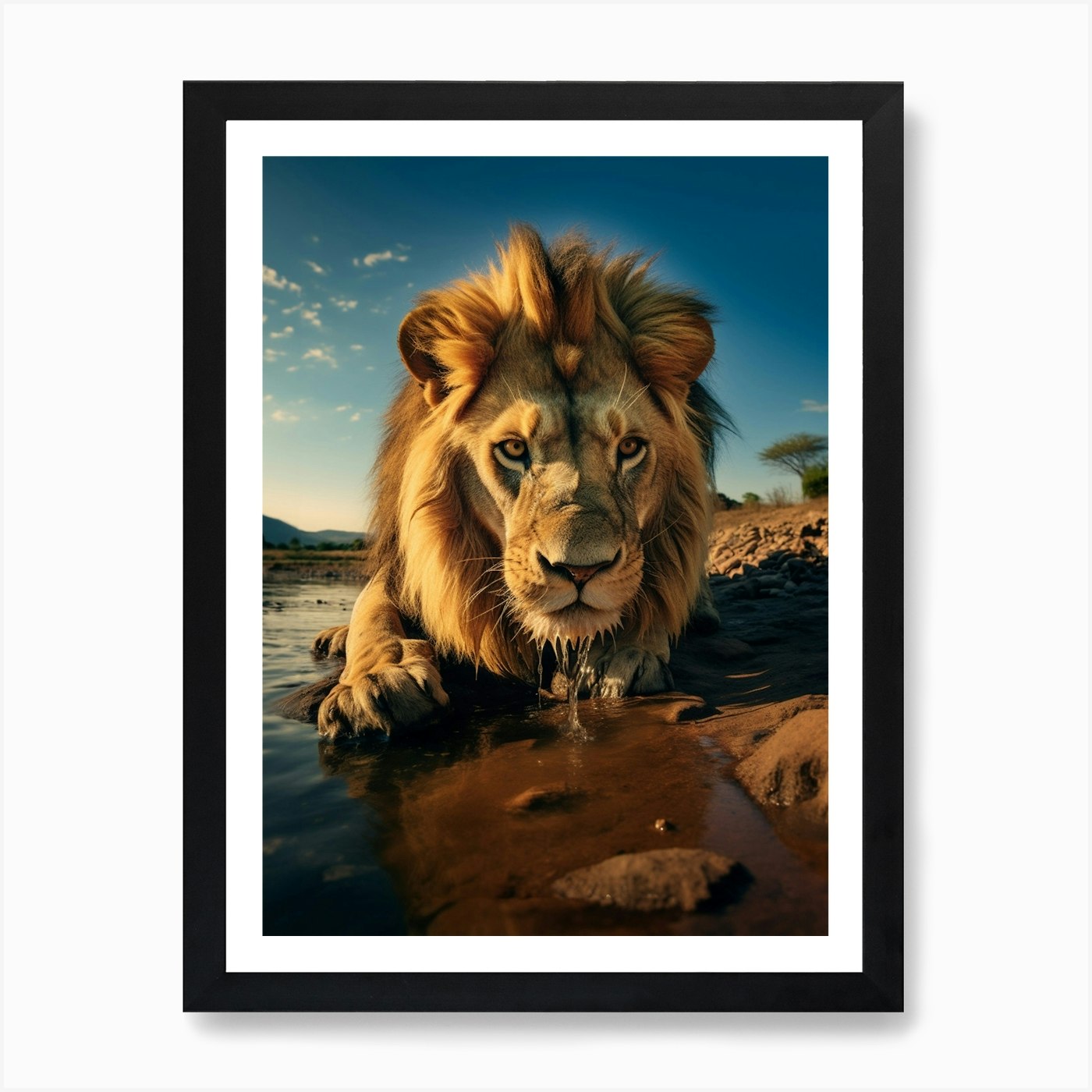 African Lion Drinking Water Realism Framed Wall Art Poster Canvas Print Picture