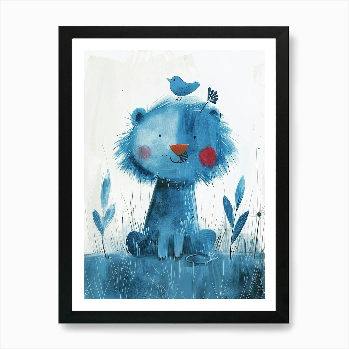Small Joyful Lion With A Bird On It Framed Wall Art Poster Canvas Print Picture