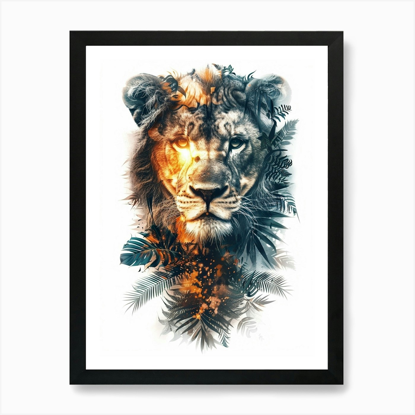 Double Exposure Realistic Lion With Framed Wall Art Poster Canvas Print Picture