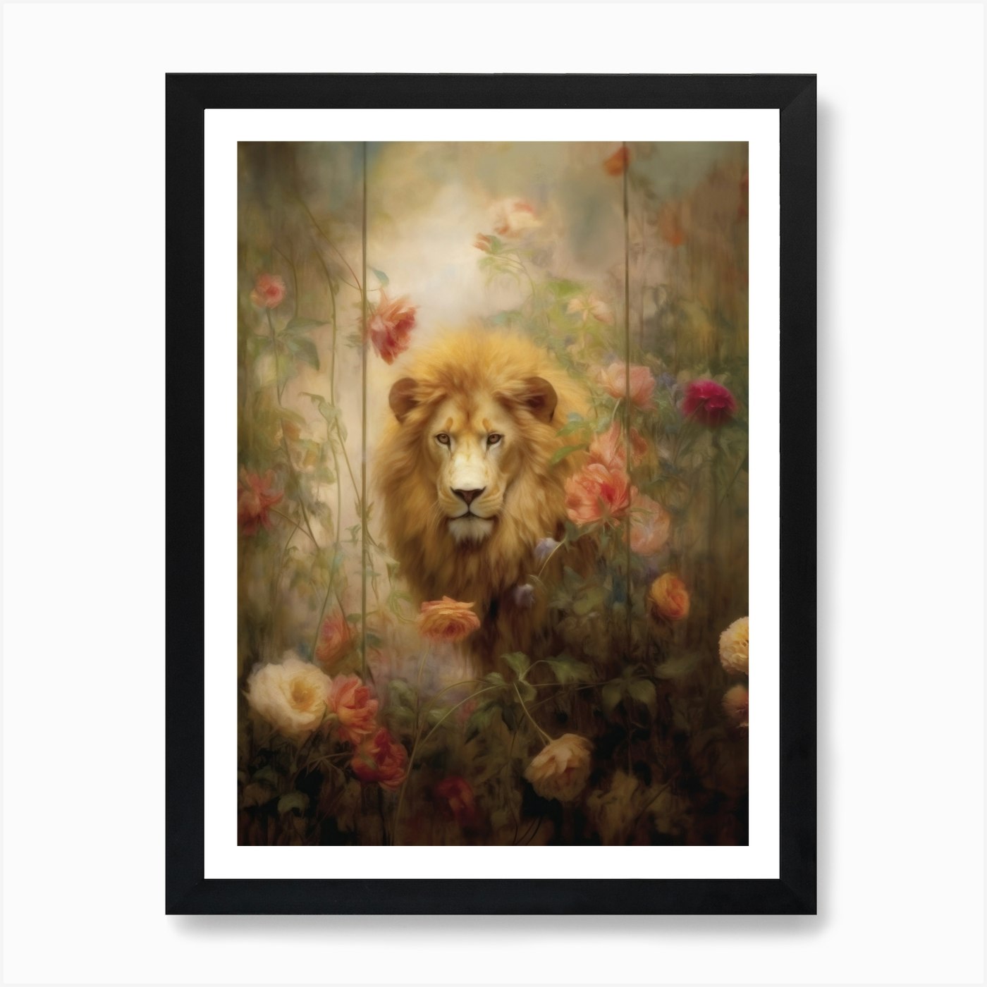 Lion In Wild Roses Art Print Framed Wall Art Poster Canvas Print Picture