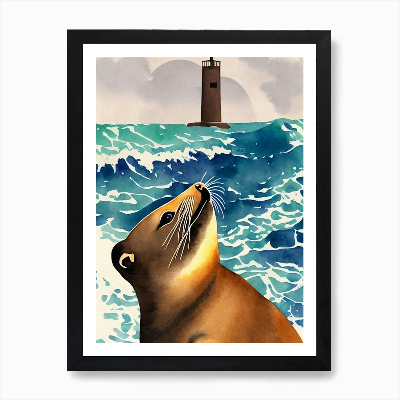 Sea Lion Vintage Graphic Watercolou Framed Wall Art Poster Canvas Print Picture
