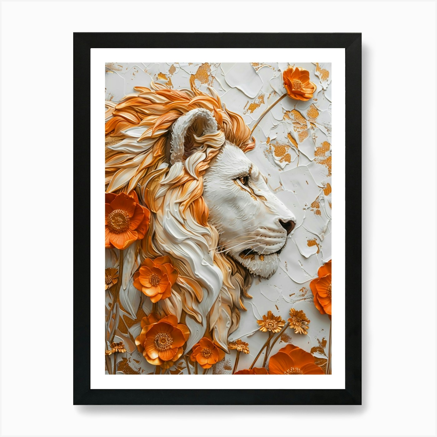 Lion With Flowers Art Print Framed Wall Art Poster Canvas Print Picture