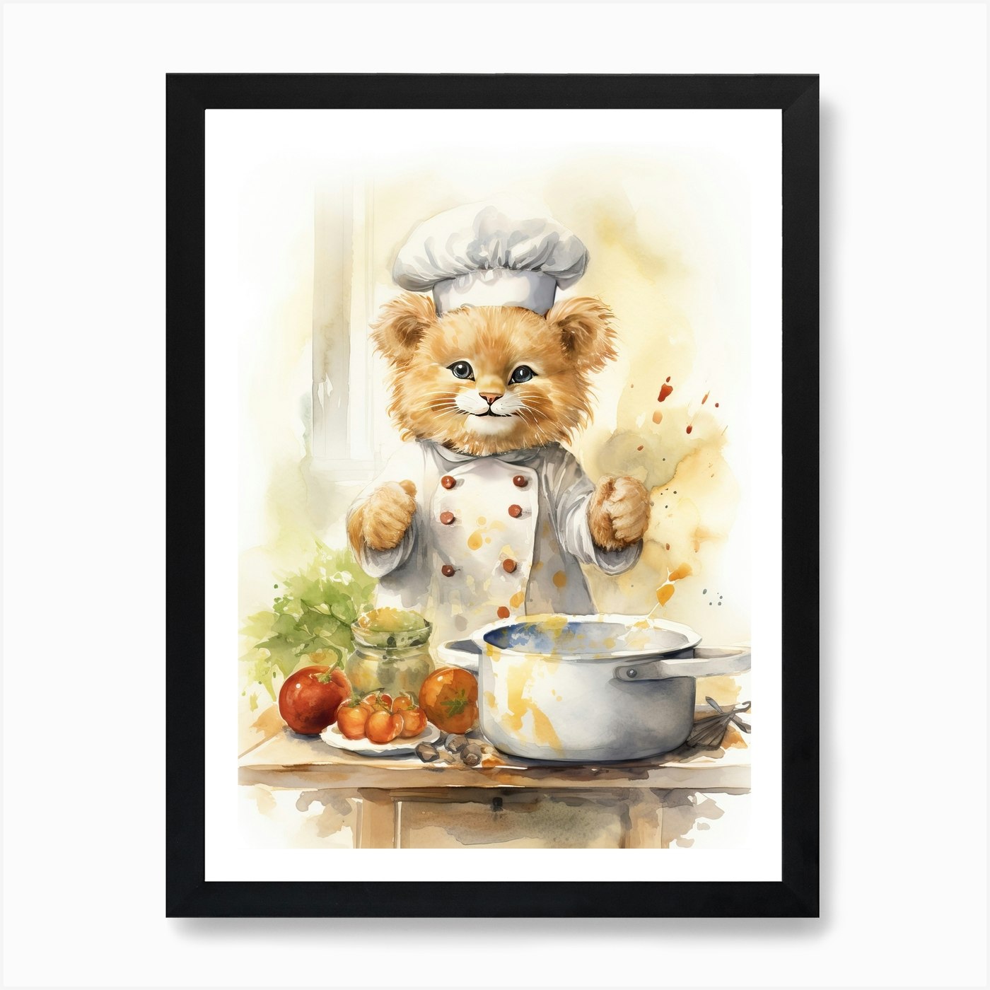 Cooking Watercolour Lion Art Painti Framed Wall Art Poster Canvas Print Picture