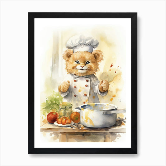 Cooking Watercolour Lion Art Painti Framed Wall Art Poster Canvas Print Picture