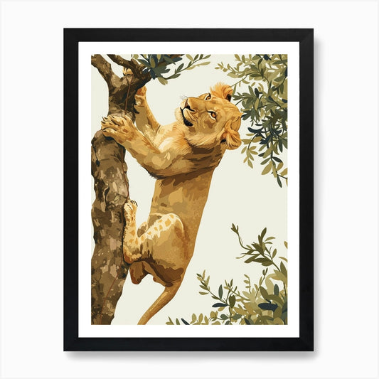 Barbary Lion Climbing A Tree Illust Framed Wall Art Poster Canvas Print Picture