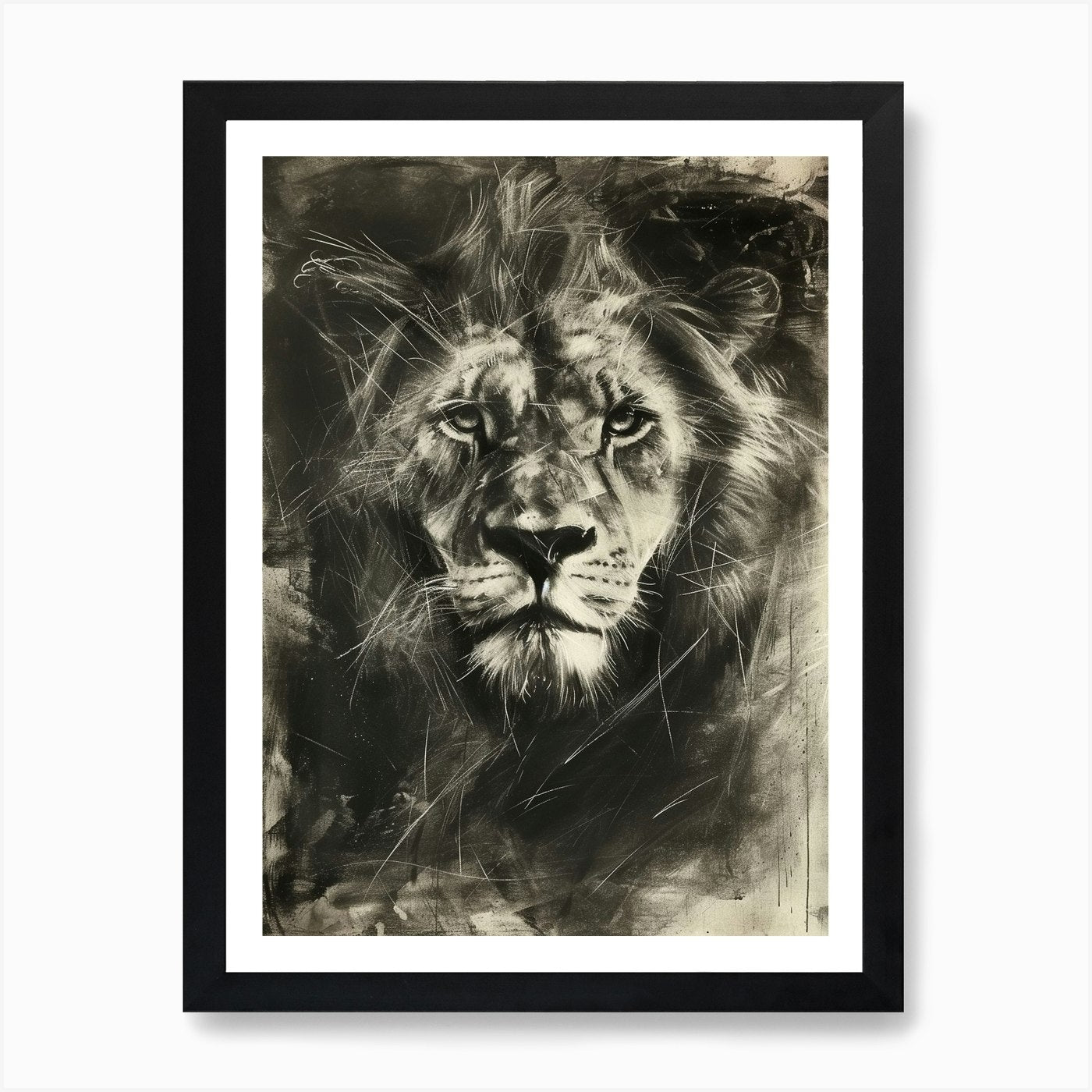 African Lion Charcoal Drawing Symbo Framed Wall Art Poster Canvas Print Picture