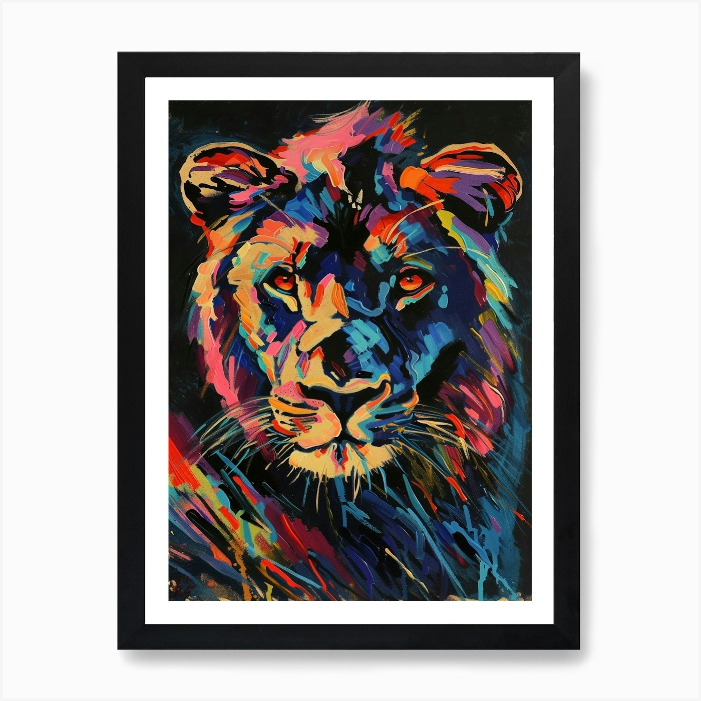 Black Lion Symbolic Imagery Fauvist Framed Wall Art Poster Canvas Print Picture