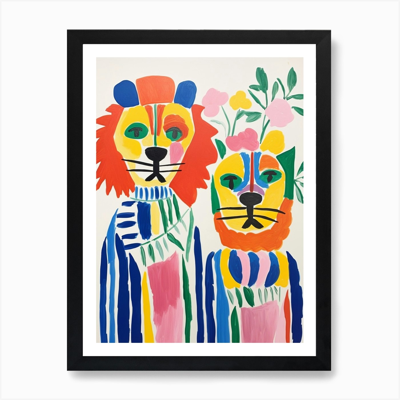 Colourful Kids Animal Art Lion 3 Ar Framed Wall Art Poster Canvas Print Picture