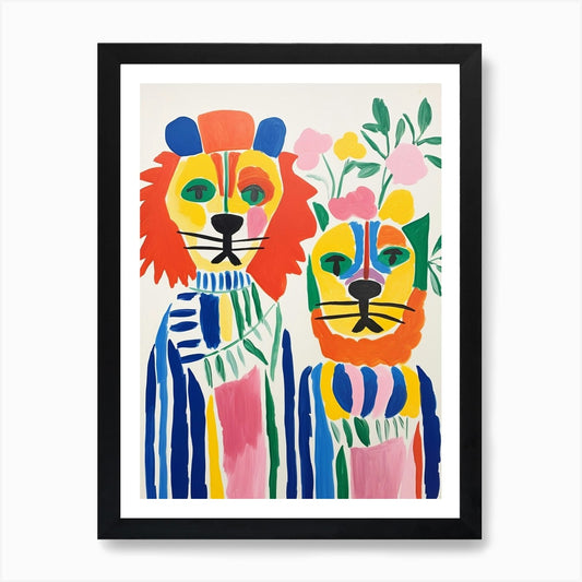 Colourful Kids Animal Art Lion 3 Ar Framed Wall Art Poster Canvas Print Picture
