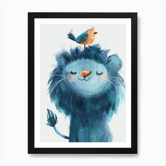 Small Joyful Lion With A Bird On It Framed Wall Art Poster Canvas Print Picture