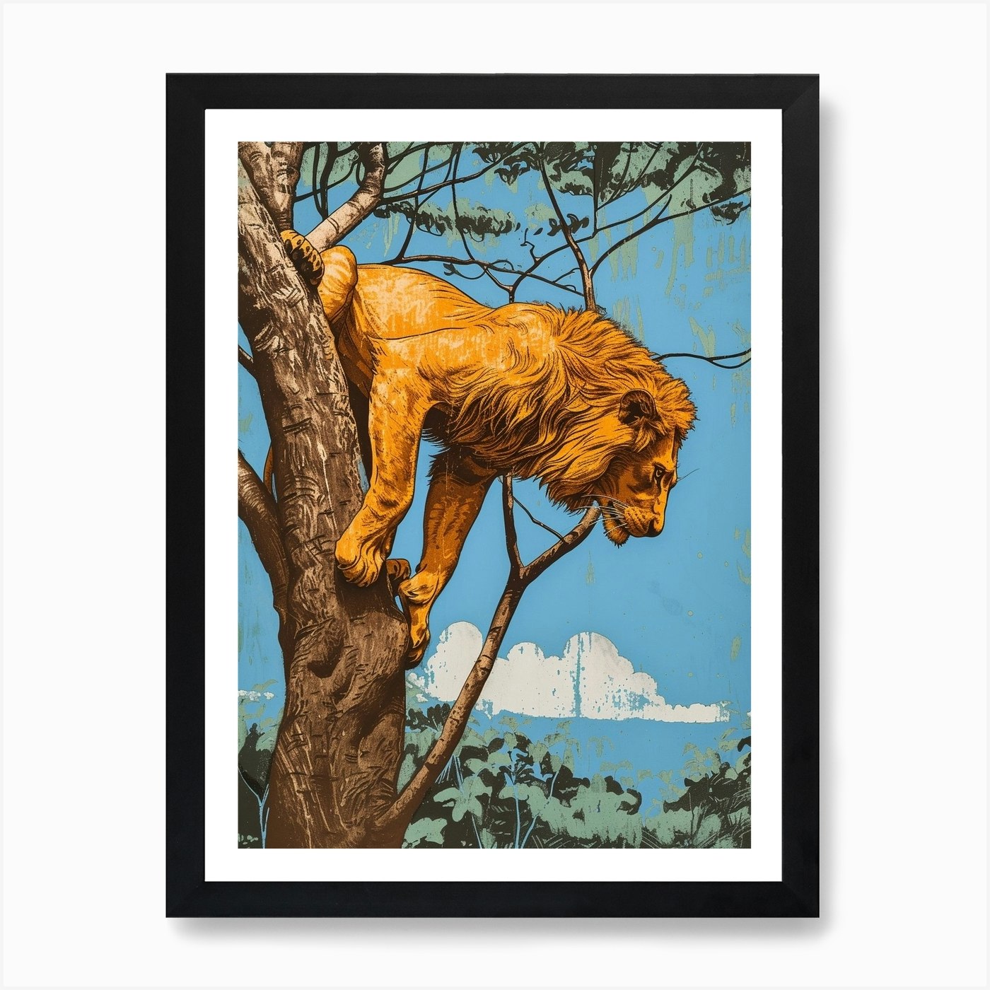 African Lion Relief Illustration Cl Framed Wall Art Poster Canvas Print Picture