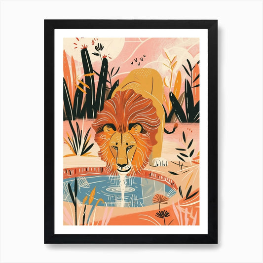 African Lion Drinking From A Wateri Framed Wall Art Poster Canvas Print Picture