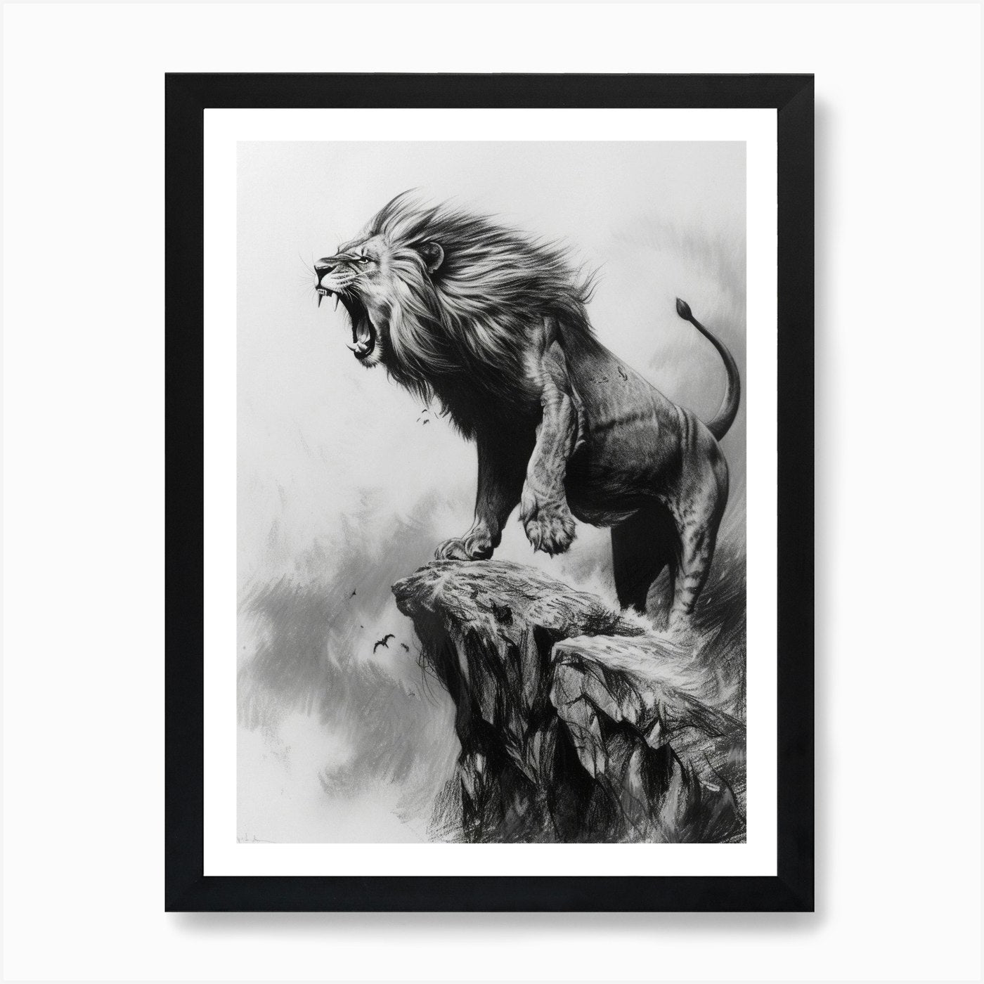 African Lion Charcoal Drawing Roari Framed Wall Art Poster Canvas Print Picture