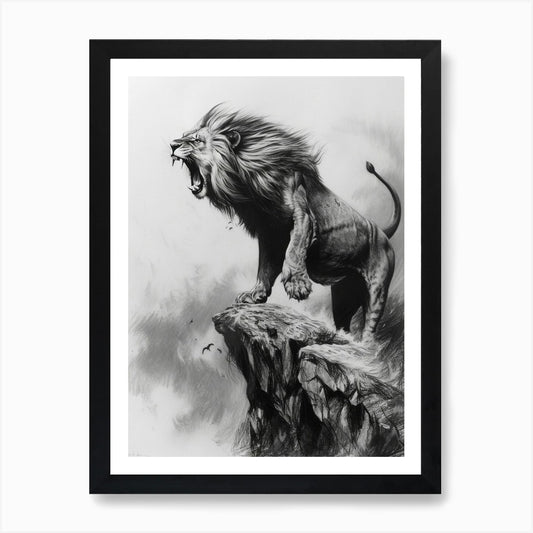 African Lion Charcoal Drawing Roari Framed Wall Art Poster Canvas Print Picture