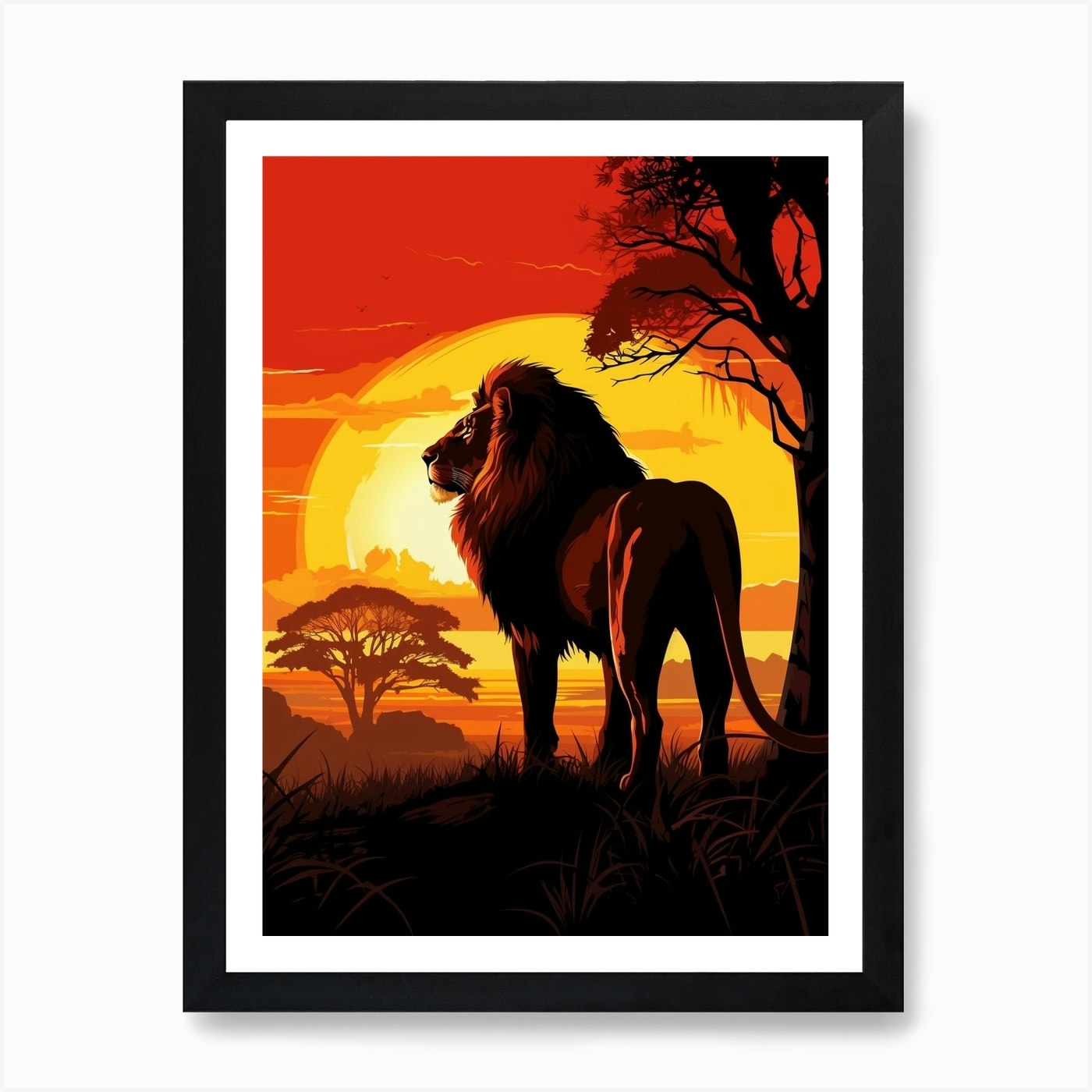 African Lion Sunset Silhouette 5 Ar Framed Wall Art Poster Canvas Print Picture