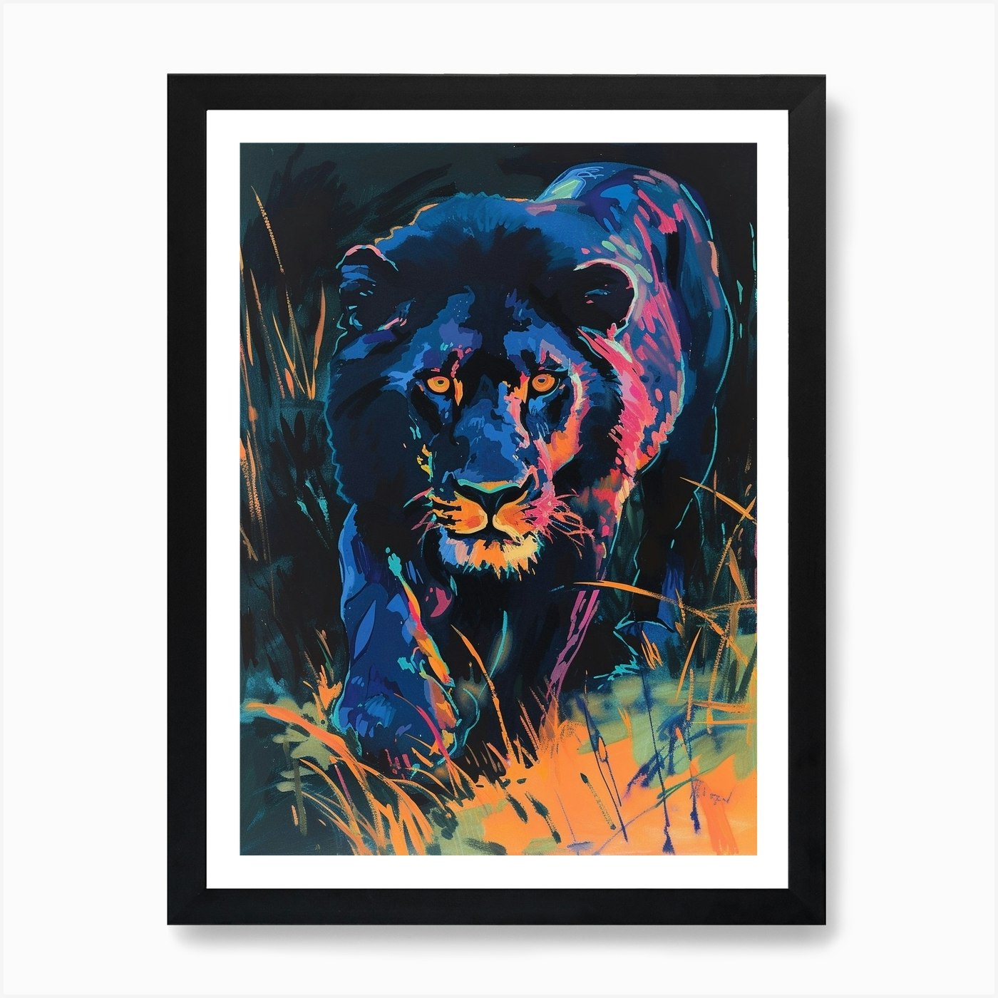 Black Lion Night Hunt Fauvist Paint Framed Wall Art Poster Canvas Print Picture