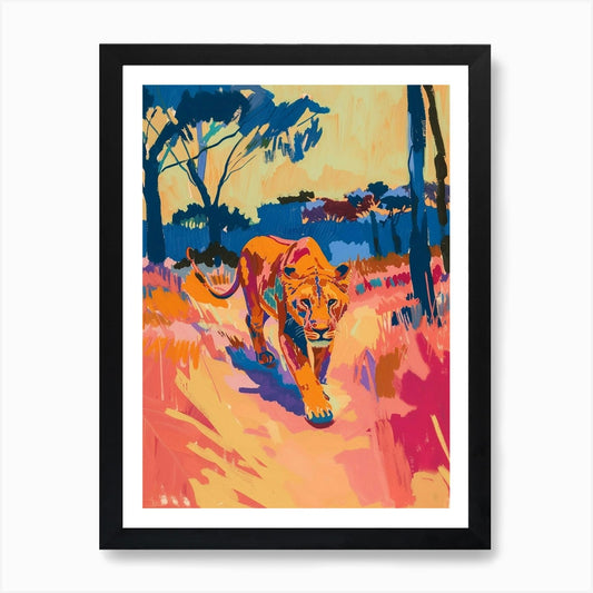 Asiatic Lion Hunting In The Savanna Framed Wall Art Poster Canvas Print Picture