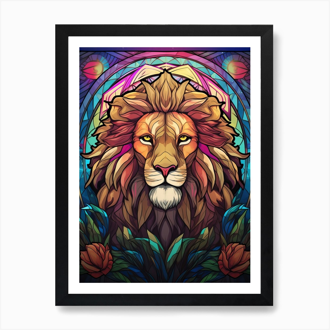 Lion Art Painting Stained Glass Sty Framed Wall Art Poster Canvas Print Picture