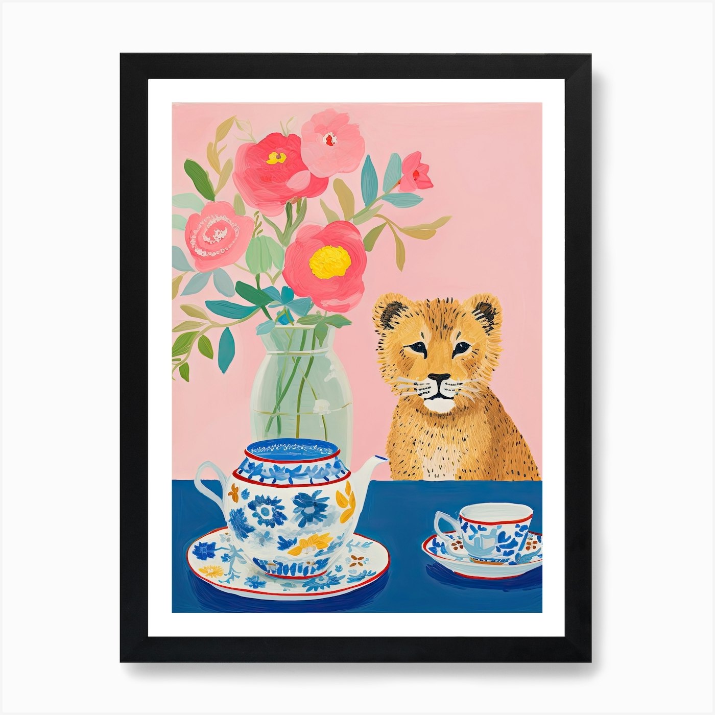Animals Having Tea Lion 0 Art Print Framed Wall Art Poster Canvas Print Picture