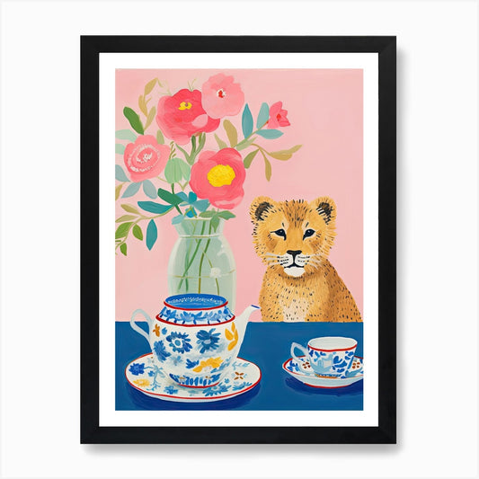 Animals Having Tea Lion 0 Art Print Framed Wall Art Poster Canvas Print Picture