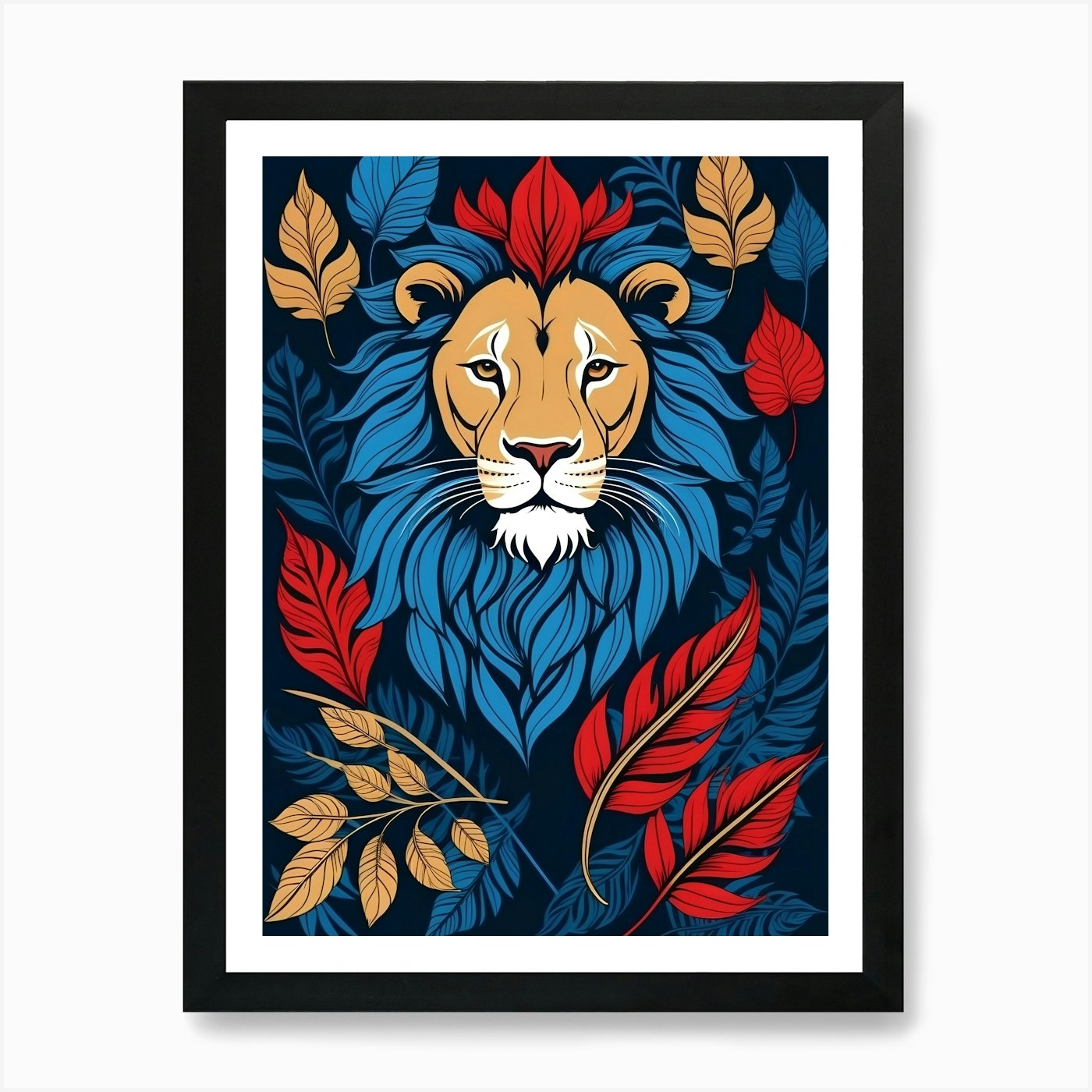 Lion Head With Leaves Art Print Framed Wall Art Poster Canvas Print Picture