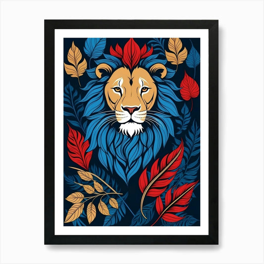 Lion Head With Leaves Art Print Framed Wall Art Poster Canvas Print Picture