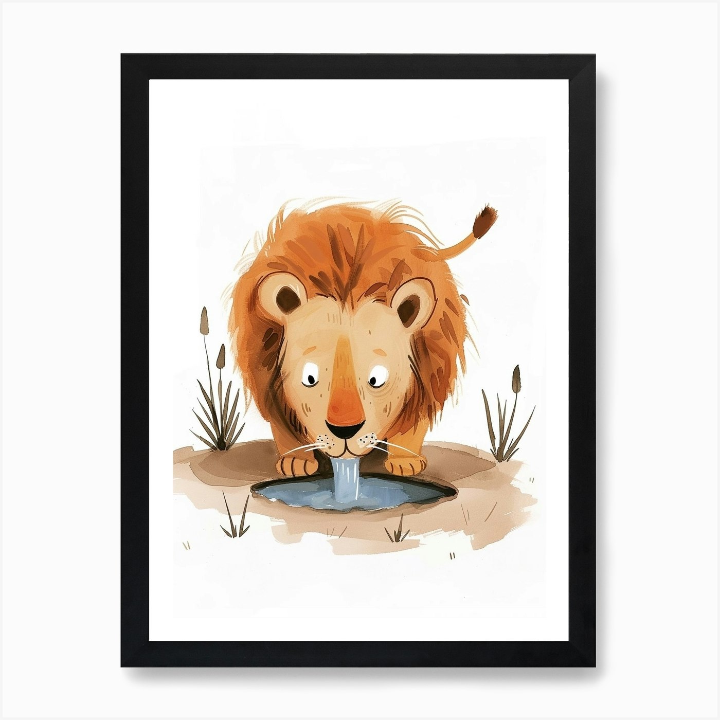 African Lion Drinking From A Wateri Framed Wall Art Poster Canvas Print Picture