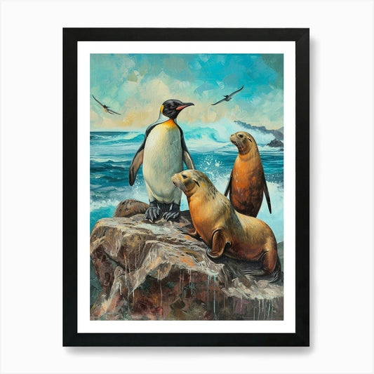 Galapagos Penguin Sea Lion Island C Framed Wall Art Poster Canvas Print Picture