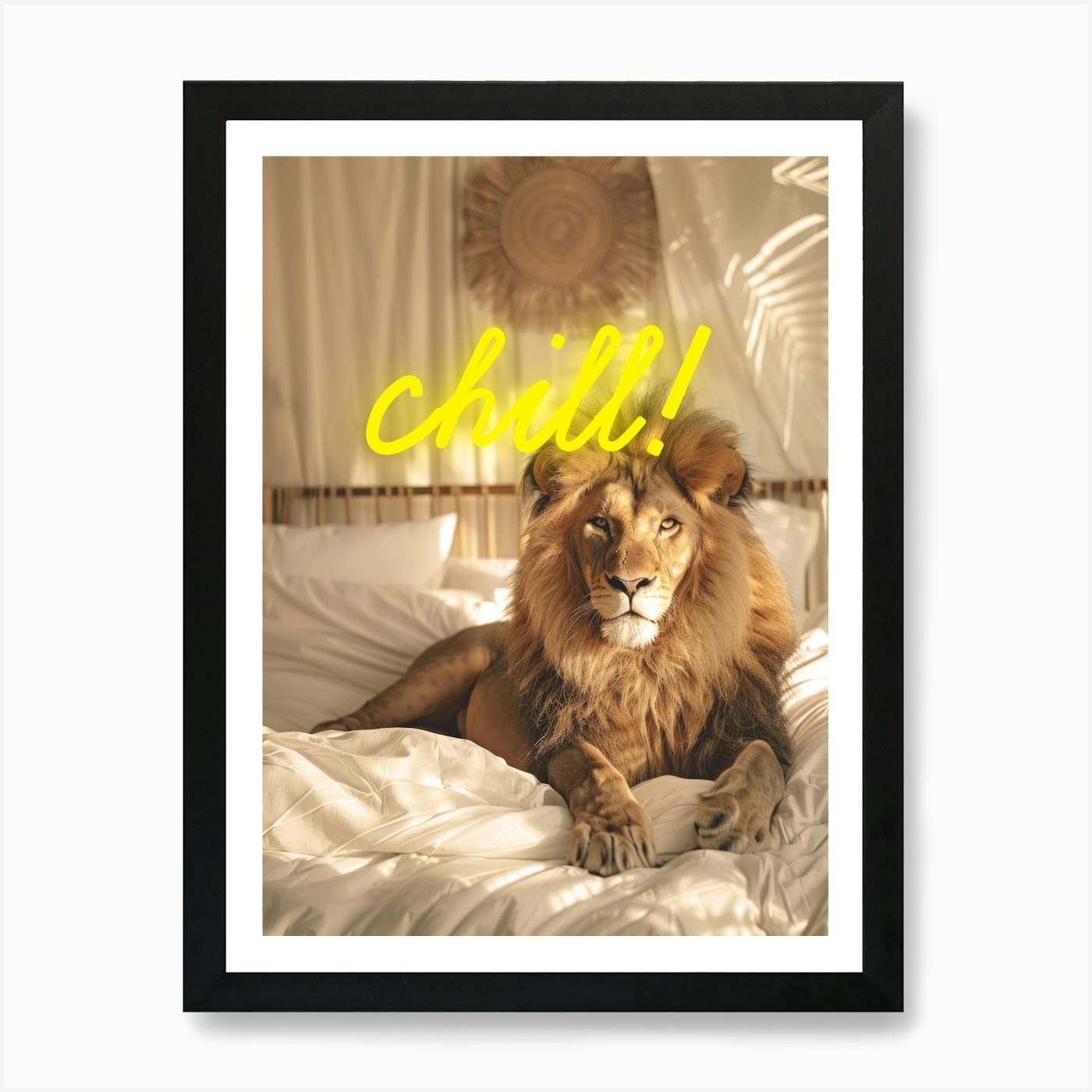 Lion on bed, neon Chill sign Art Pr Framed Wall Art Poster Canvas Print Picture
