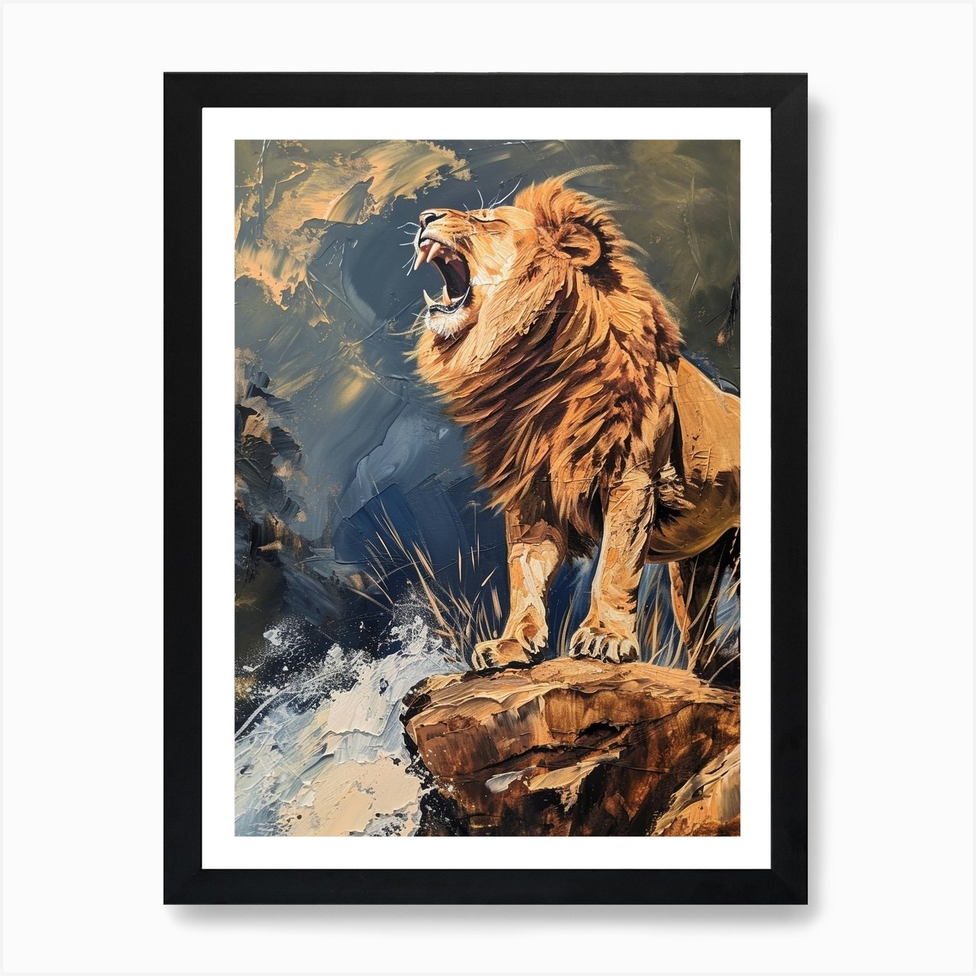 African Lion Roaring On A Cliff Acr Framed Wall Art Poster Canvas Print Picture