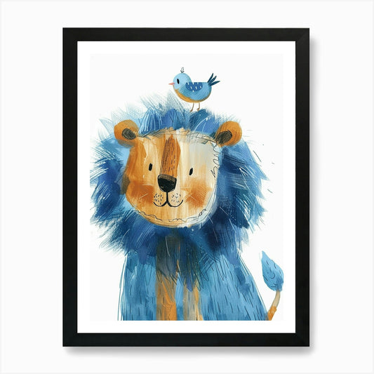Small Joyful Lion With A Bird On It Framed Wall Art Poster Canvas Print Picture