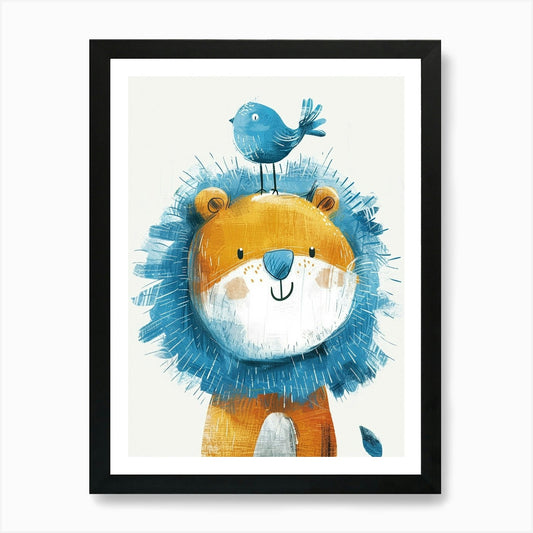 Small Joyful Lion With A Bird On It Framed Wall Art Poster Canvas Print Picture