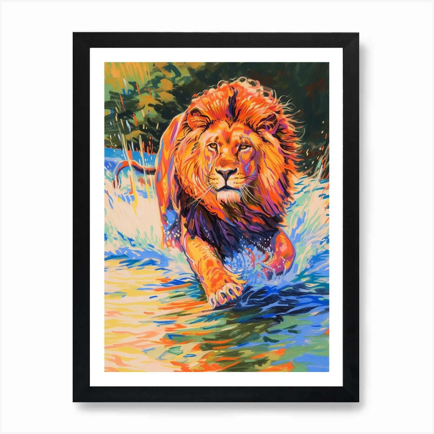 Asiatic Lion Crossing A River Fauvi Framed Wall Art Poster Canvas Print Picture