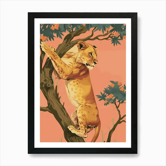 African Lion Climbing A Tree Illust Framed Wall Art Poster Canvas Print Picture