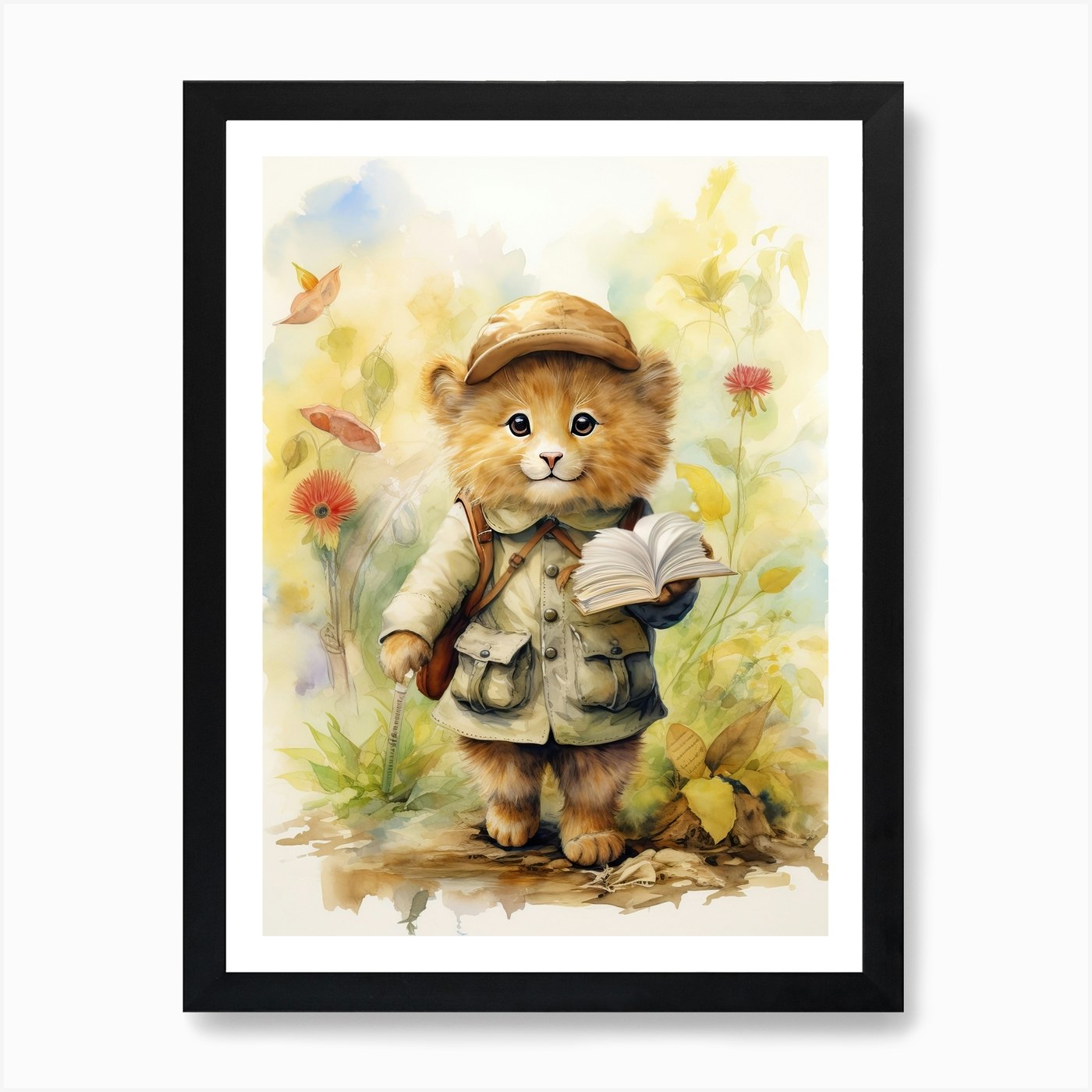 Hiking Watercolour Lion Art Paintin Framed Wall Art Poster Canvas Print Picture
