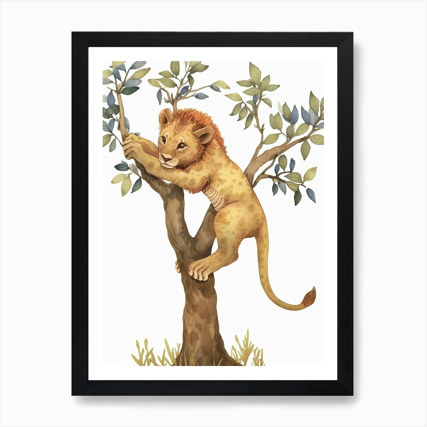 African Lion Climbing A Tree Clipar Framed Wall Art Poster Canvas Print Picture
