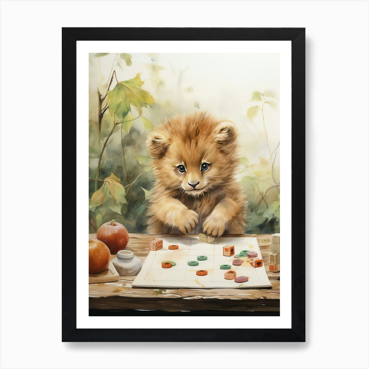 Playing Games Watercolour Lion Art  Framed Wall Art Poster Canvas Print Picture
