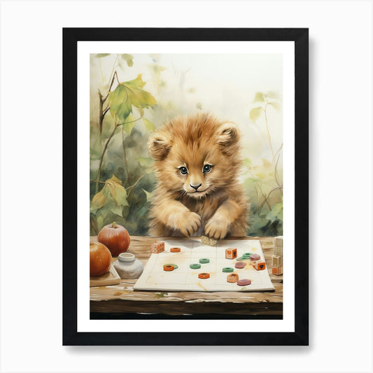 Playing Games Watercolour Lion Art  Framed Wall Art Poster Canvas Print Picture