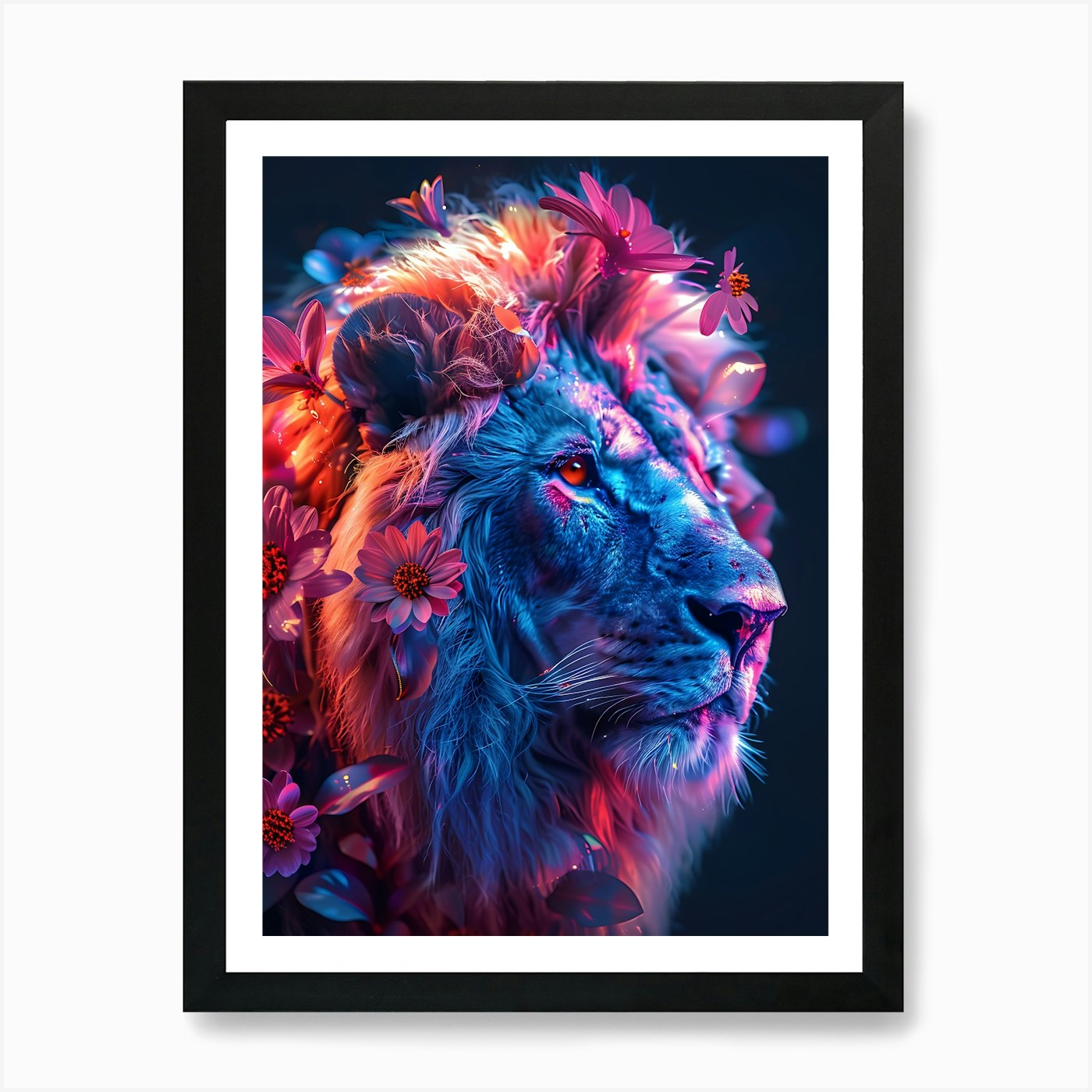 Lion With Flowers 14 Art Print Framed Wall Art Poster Canvas Print Picture